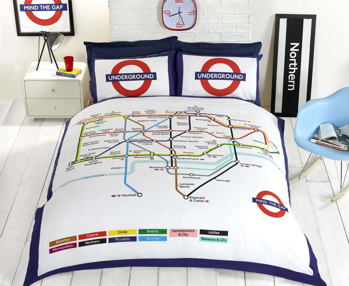 A colourful London Underground Tube map duvet set with roundels of various Tube lines