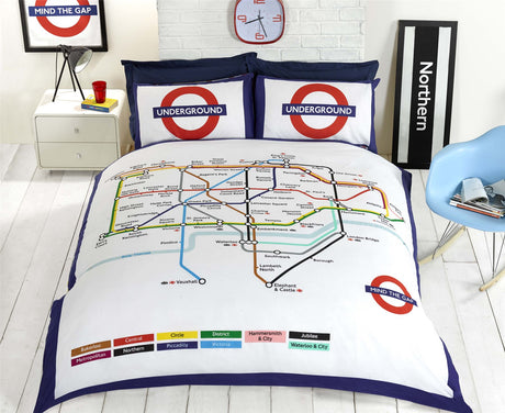 A colourful London Underground Tube map duvet set with roundels of various Tube lines