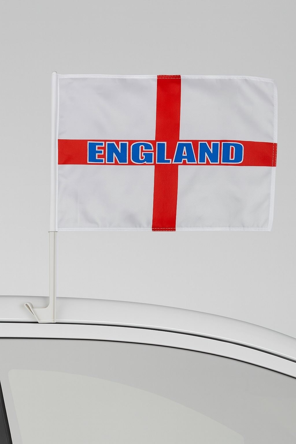A pair of England car flags attached to durable sticks for displaying support on vehicle windows at sports events