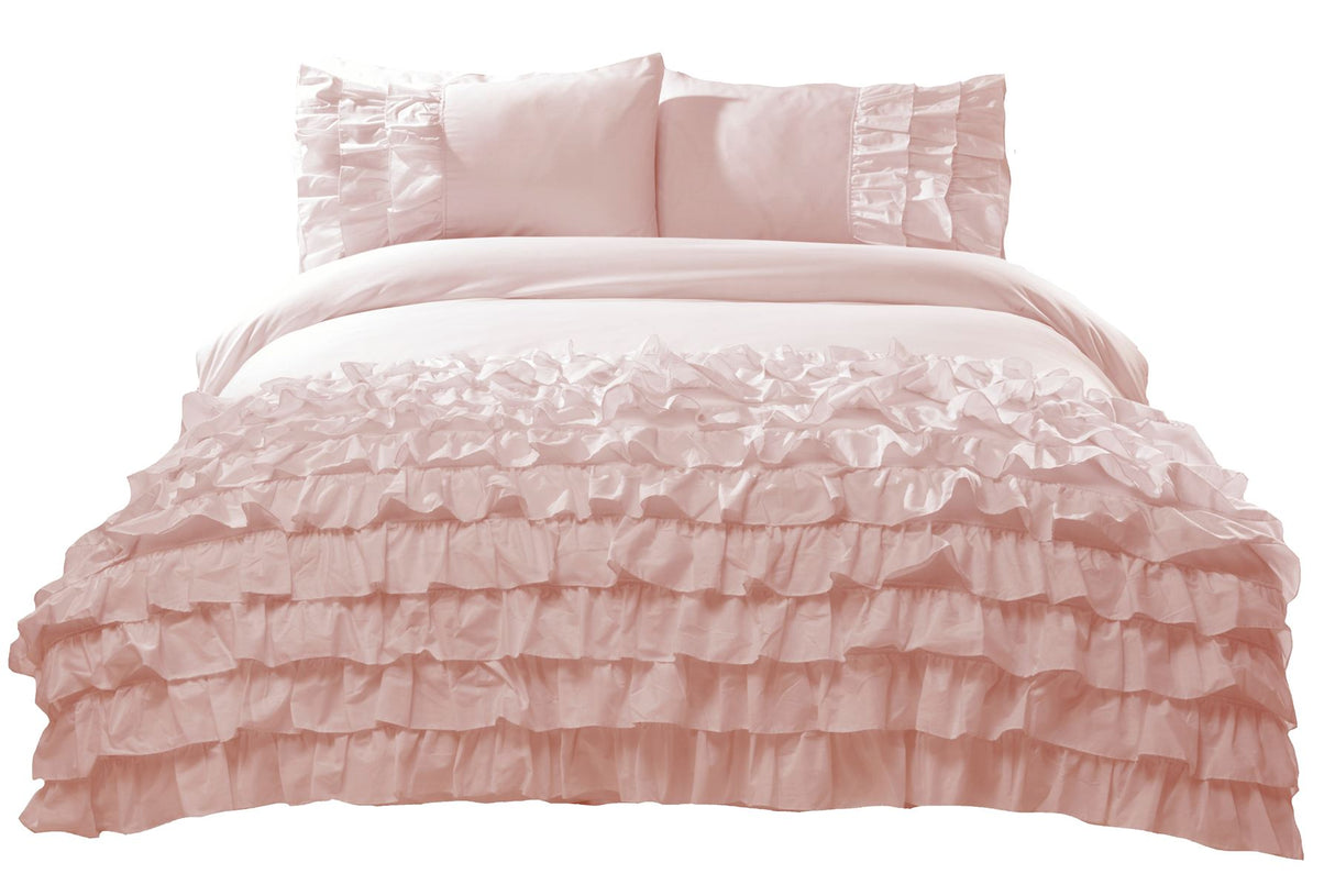 Variety of sizes available with ruffle-trimmed duvet covers and matching pillows