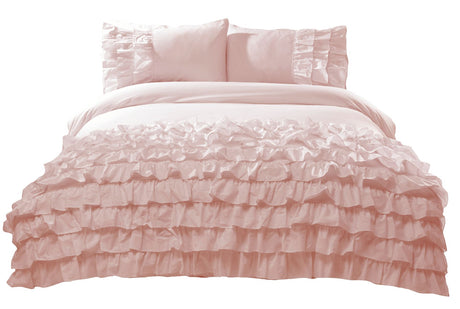 Variety of sizes available with ruffle-trimmed duvet covers and matching pillows
