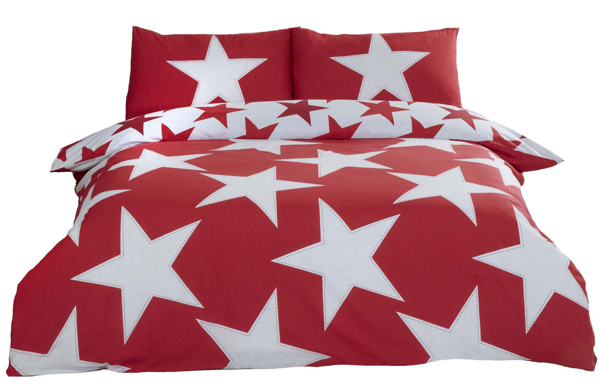 Double size reversible duvet cover showcasing large and small star patterns with matching pillowcases included
