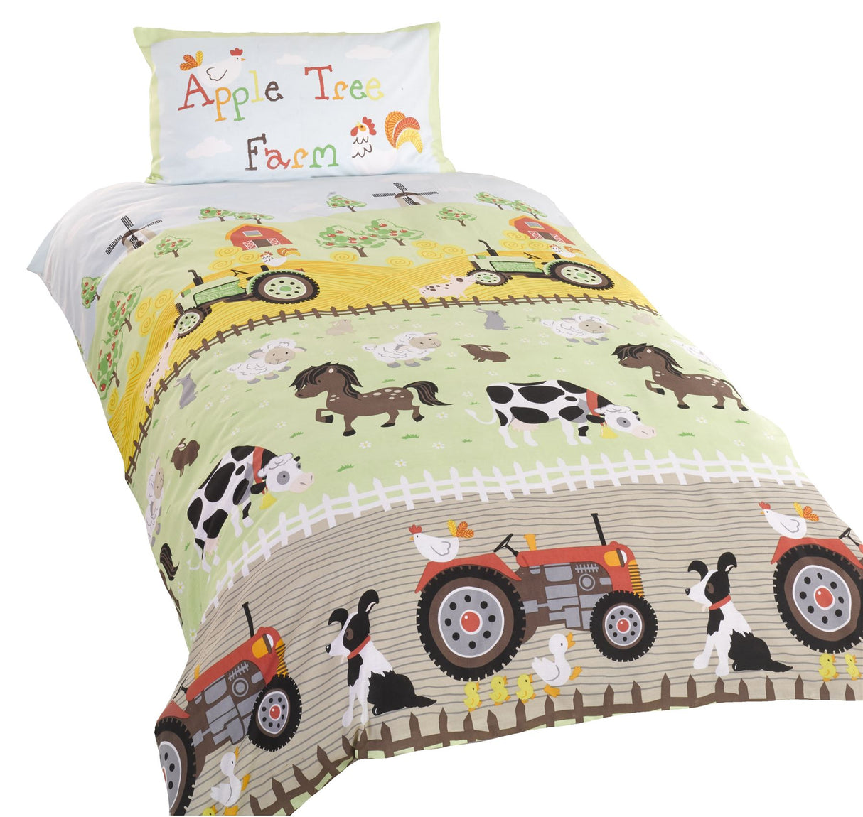 A charming Apple Tree Farm Duvet Set showcasing farmyard friends, available in toddler and single sizes with matching pillowcases and popper closing mechanism