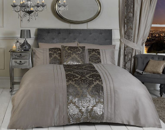 Luxurious Imogen Duvet Set featuring velvet damask devore in soft mink colour