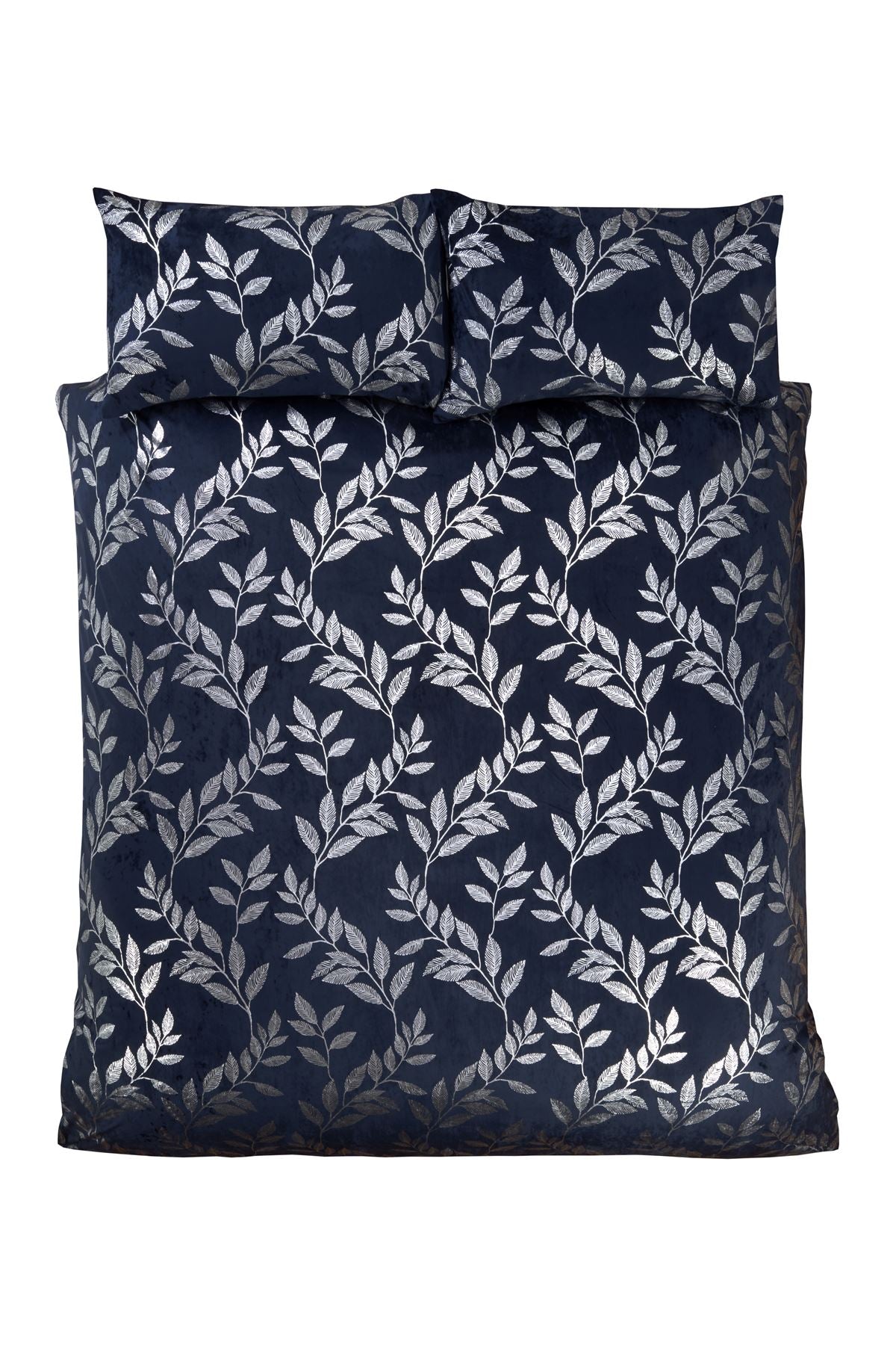 Elegant bedding collection showcasing the refined Como design, including duvet cover and matching pillows in a stylish navy-blue base with detailed foil print