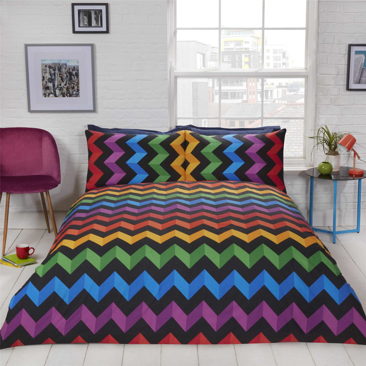Bright, fun duvet set showcasing a vibrant zig zag 3D pattern on the front and colourful stripe print on the reverse