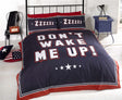 Vibrant 'Don't Wake Me Up' duvet cover featuring a varsity-style print with stripe reverse