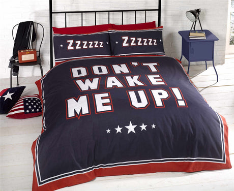 Vibrant 'Don't Wake Me Up' duvet cover featuring a varsity-style print with stripe reverse