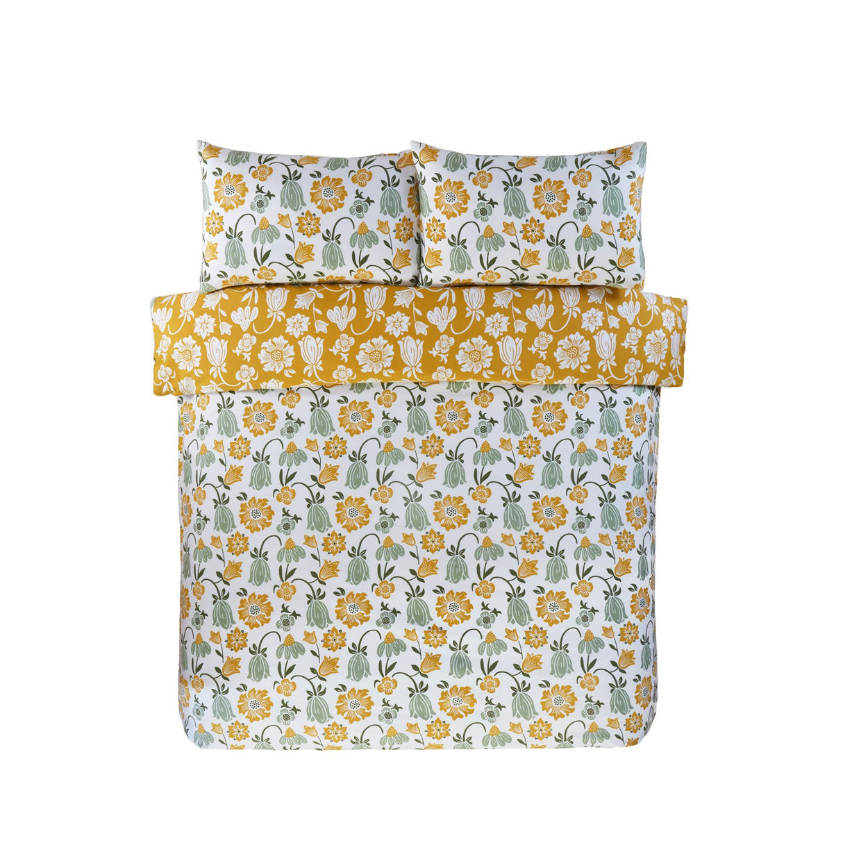 Bright and cheerful Victorian Bloom duvet cover in yellow and green floral design with a rich mustard reverse, perfect for adding warmth