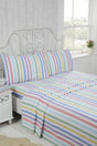 A cosy Candy Stripe Brushed Cotton Sheet Set featuring bright pastel shades, including a fitted sheet, flat sheet, and matching pillowcases, made from super soft 100% brushed cotton for comfortable winter nights