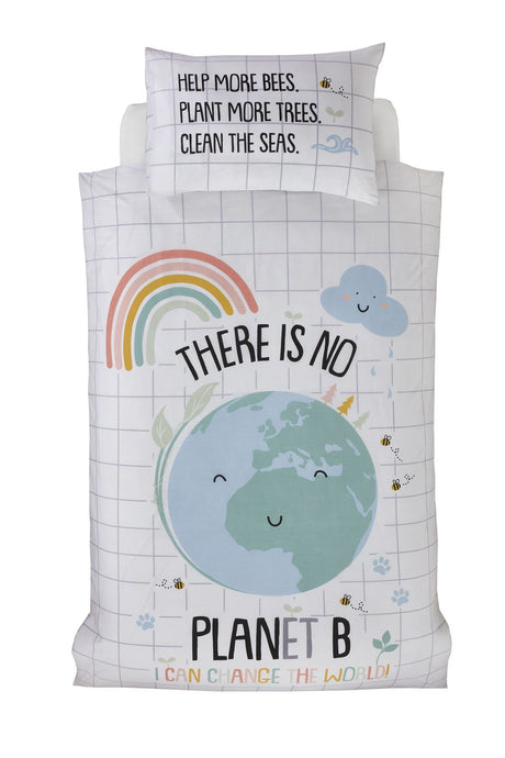Close-up of the there is no Planet B I can change the world slogan on the sustainable fabric duvet cover with vibrant colours