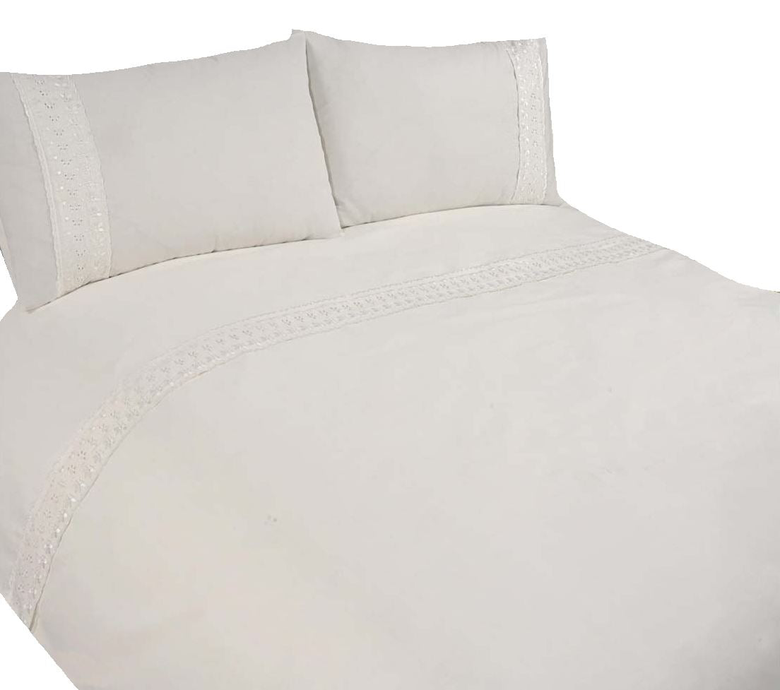 Sorrento Duvet Set including superking duvet cover and matching pillowcases with lace trim details and button fastening