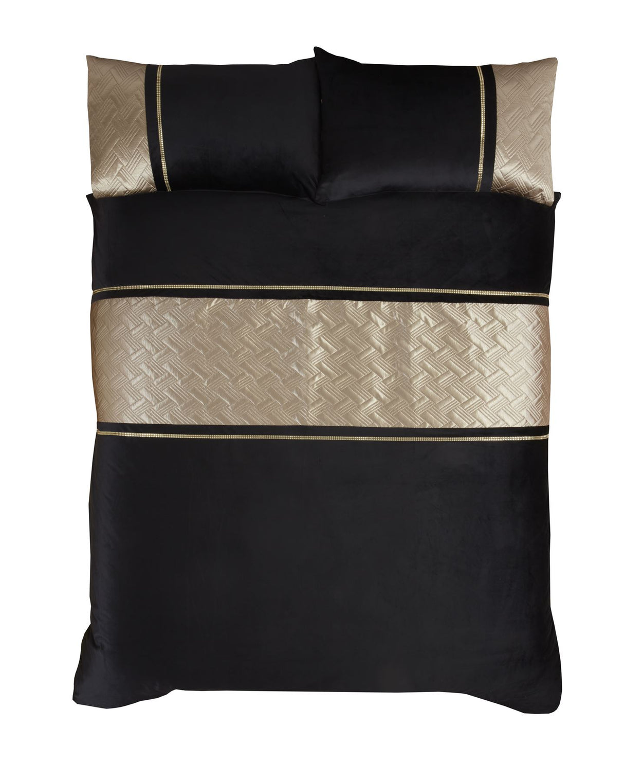 Fully lined Capri curtains in black velvet with gold geometric band and sparkle trim for sophisticated bedroom decor