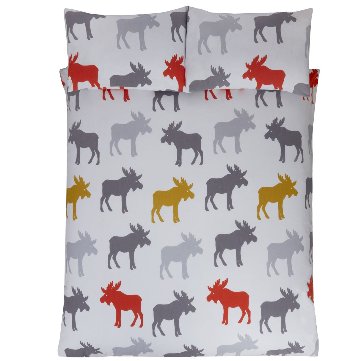 A close-up of the moose print on the brushed cotton duvet cover showing rich reds and cool greys