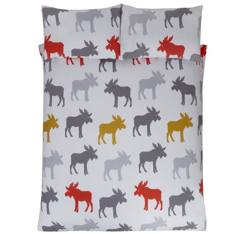 A close-up of the moose print on the brushed cotton duvet cover showing rich reds and cool greys