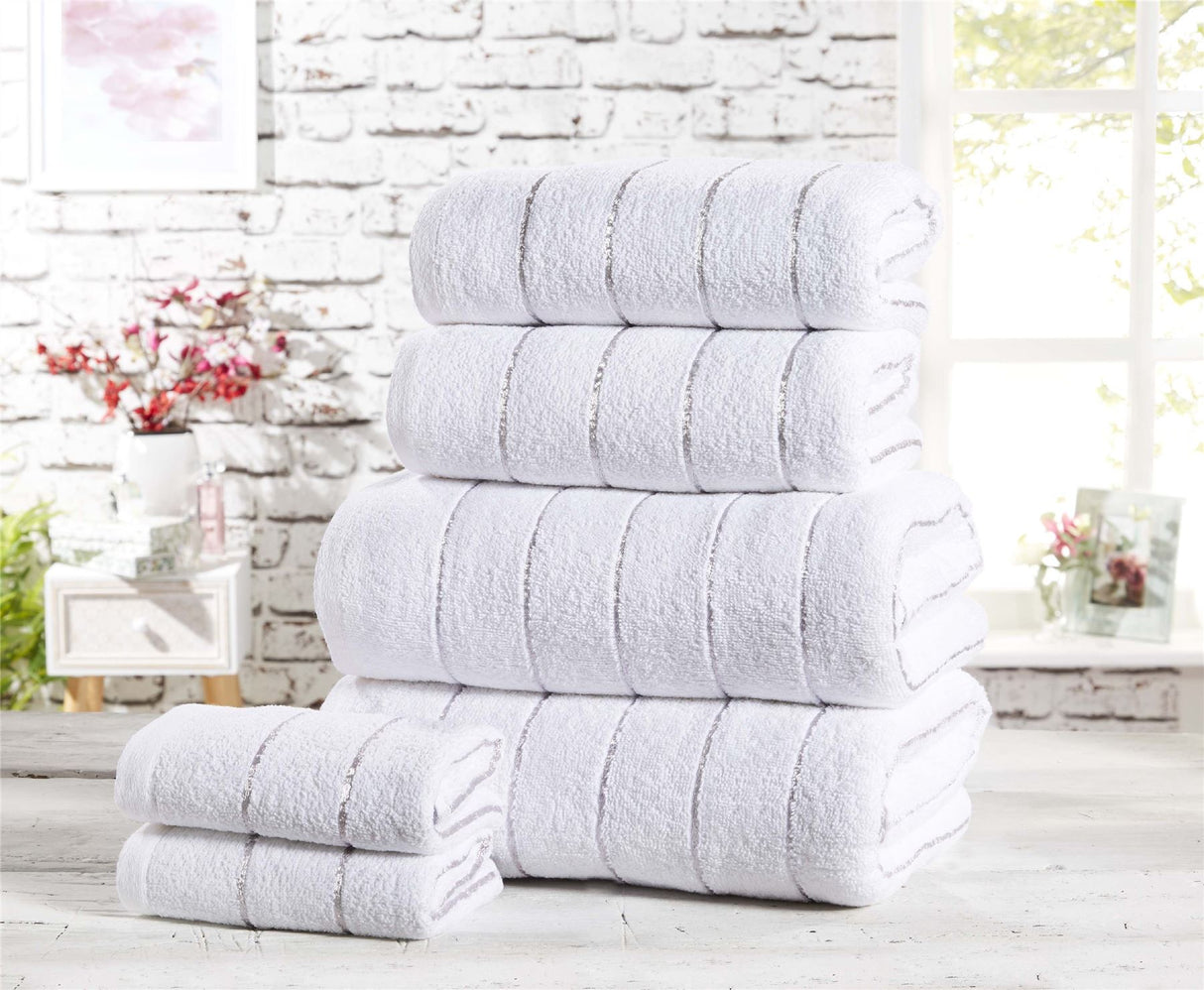 Complete Sandringham towel collection with bath sheets, towels, and face cloths featuring luxurious striped design