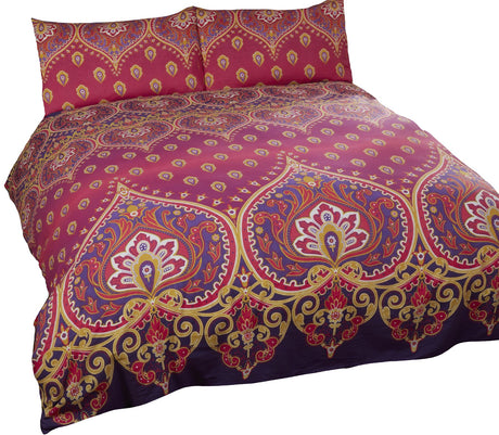 A single Asha Duvet Cover with matching pillowcase, demonstrating popper closing mechanism and vibrant design