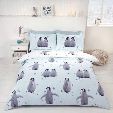 Photographic penguin motifs on a subtle pink background creating a charming bedroom decor