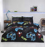 A vibrant gamer duvet set featuring a video game-themed design with matching pillowcases, designed for easy care, non-iron, fully reversible, with popper closures suitable for single and double bed sizes
