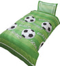 Close-up view of the Goal Duvet Set's football design, showcasing footballs, the words 'score' and 'goal', and a goal net on the pillowcase