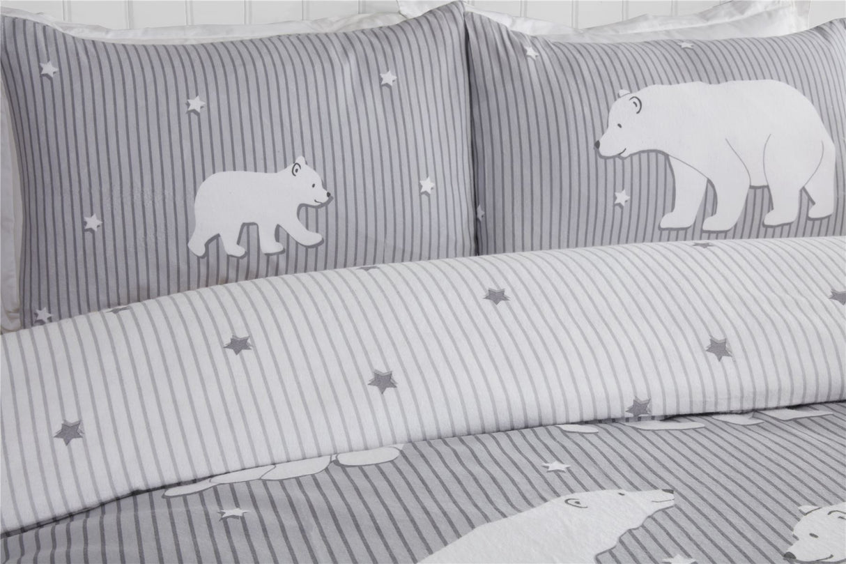 Single size grey duvet cover with polar bears and starry stripes, fully reversible brushed cotton duvet set with button closure
