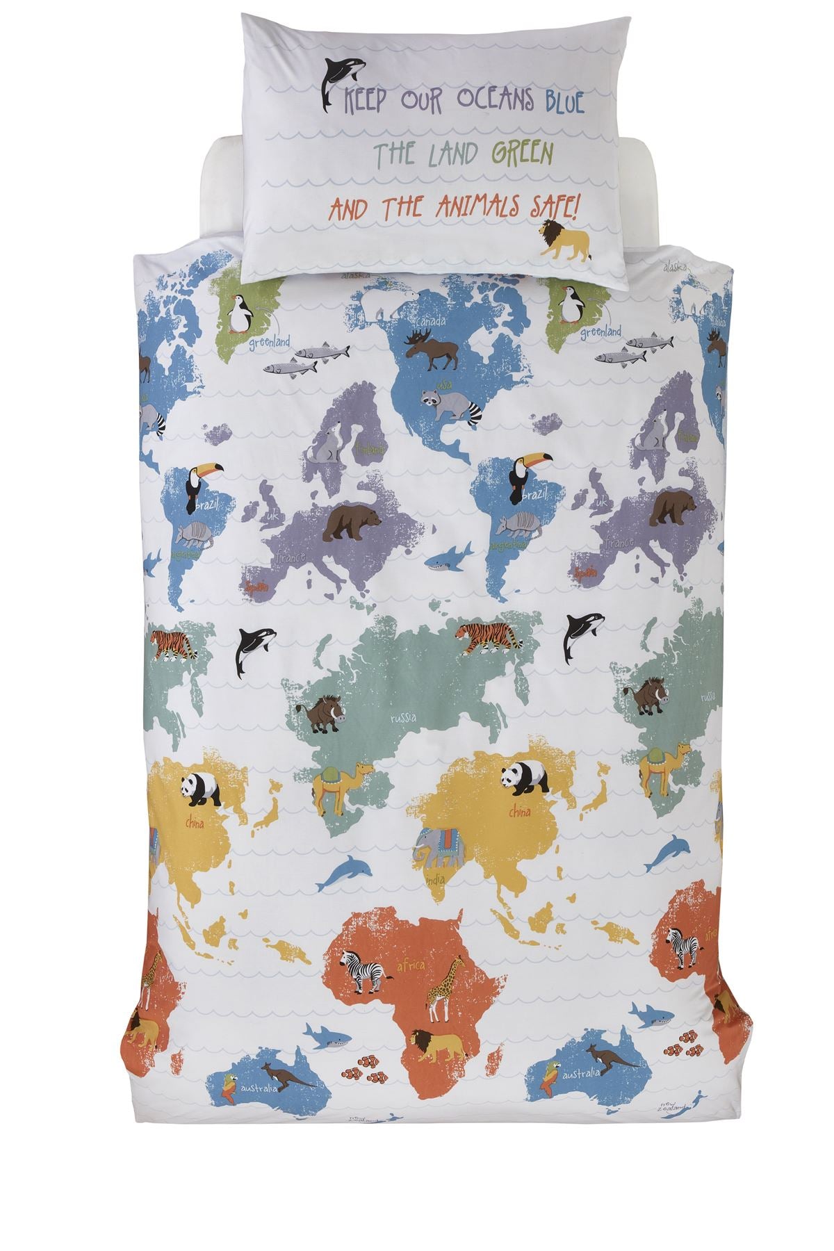 Set includes matching pillowcases with global animal illustrations on sustainably sourced cotton fabric