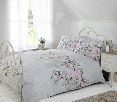 Spring and summer inspired Eloise Duvet Set featuring vibrant floral and bird design with feminine lace accents