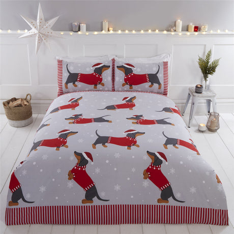 Dachshund Through The Snow Duvet Set featuring a cute sausage dog wearing a woolly jumper and Santa hat