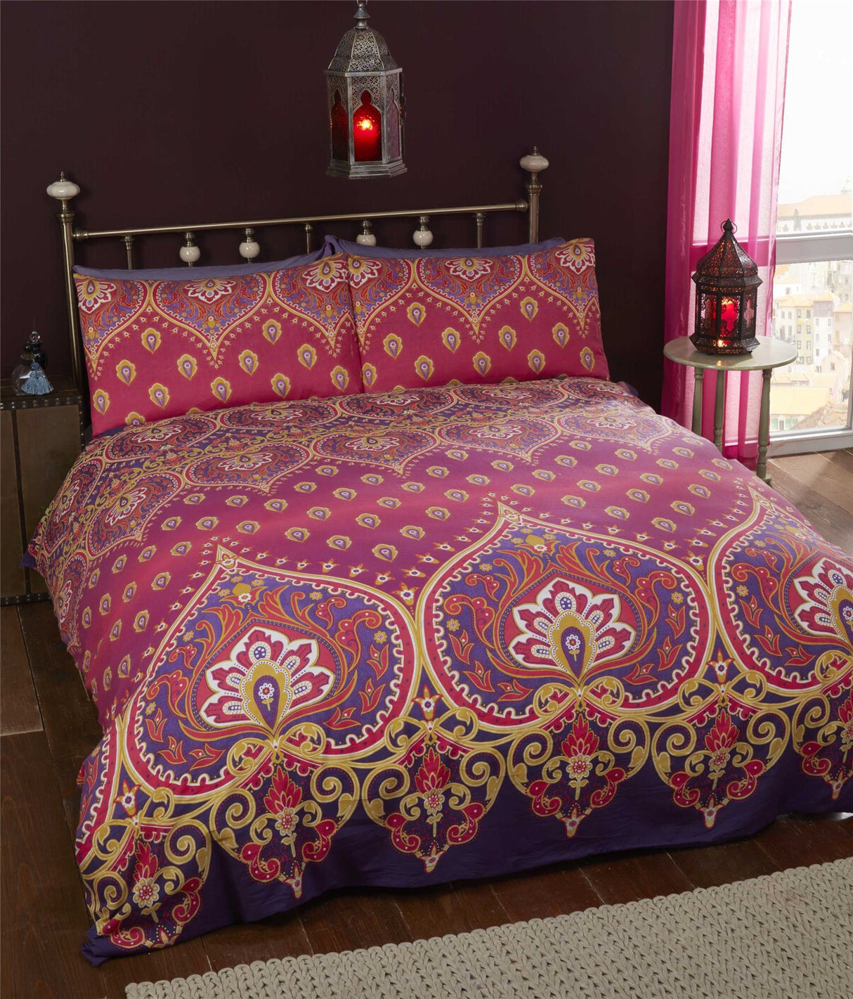 Close-up of intricate, colourful pattern on the Asha Duvet Cover, highlighting traditional Indian motifs