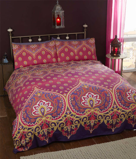 Close-up of intricate, colourful pattern on the Asha Duvet Cover, highlighting traditional Indian motifs