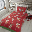 A festive children's duvet set featuring Rudolph on the pillowcase and multiple reindeer scattered across the duvet cover in traditional red and green colours, perfect for adding Christmas magic to a child's bedroom