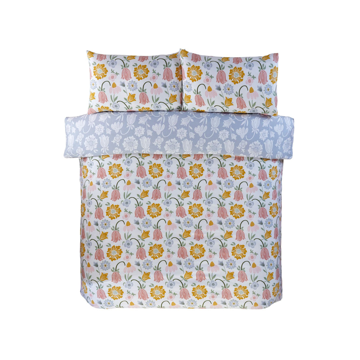 Timeless Victorian Bloom duvet set with classic floral patterns in pastel tones on a white background, featuring a coordinating soft blue reverse