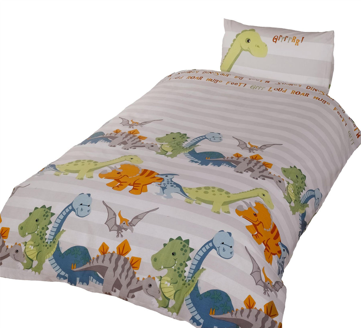 Complete dinosaur bedding set including duvet cover and matching pillowcases, perfect for children's bedrooms with a prehistoric theme