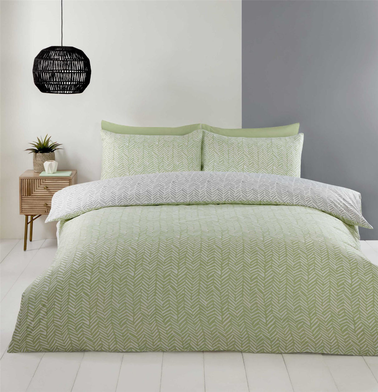 Luxuriously soft Helston Duvet Set showcasing a modern herringbone print with contrasting reverse