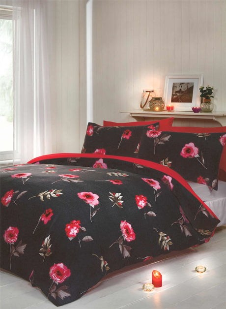 Beautiful watercolour floral pattern on grey linen textured duvet set with contrasting reverse