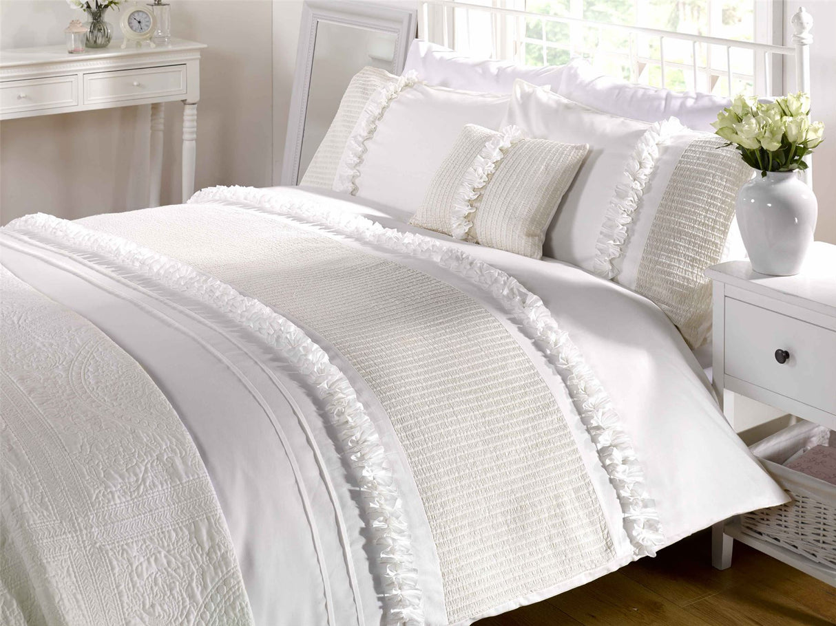 Close-up of the Serenity Duvet Set showcasing ruffled detailing and button closure