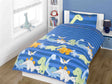 Vibrant dinosaur duvet set featuring colourful prehistoric creatures on blue striped background
