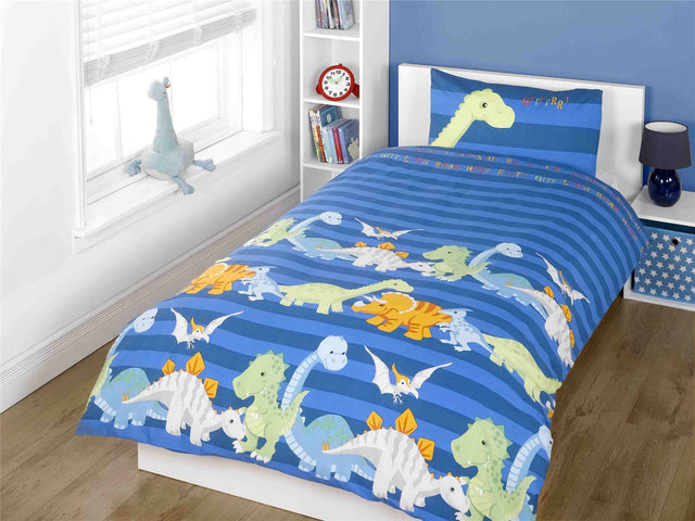 Vibrant dinosaur duvet set featuring colourful prehistoric creatures on blue striped background