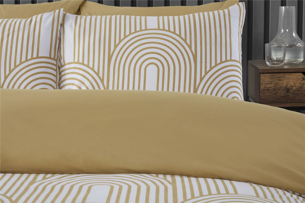 Close-up of the geometric pattern on the Arches Duvet Set fabric, emphasising the contemporary style and high-quality material