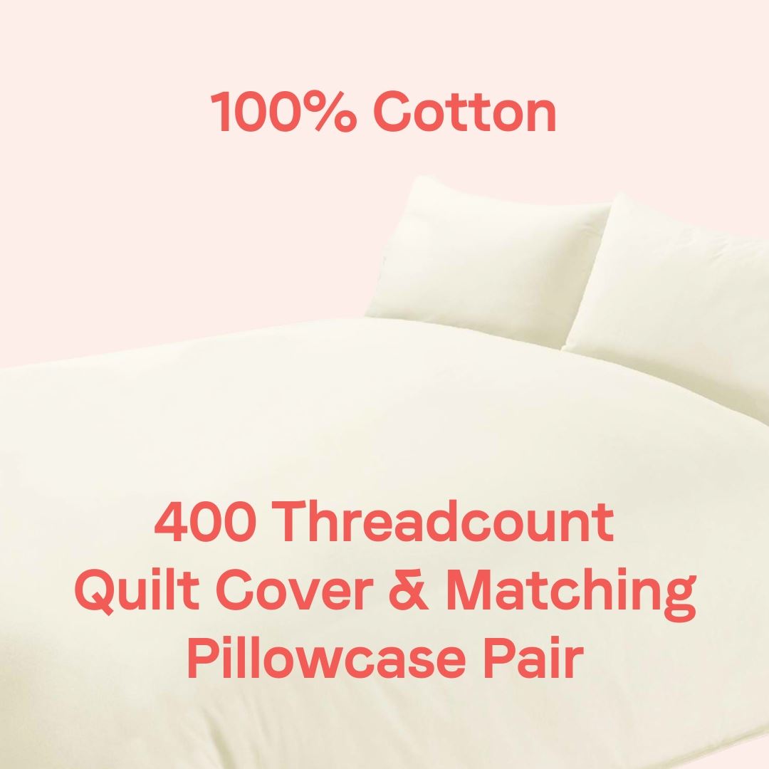 Complete luxury bed and bath bundle featuring 400 Threadcount cotton quilt cover, pillowcases, and premium bath towels
