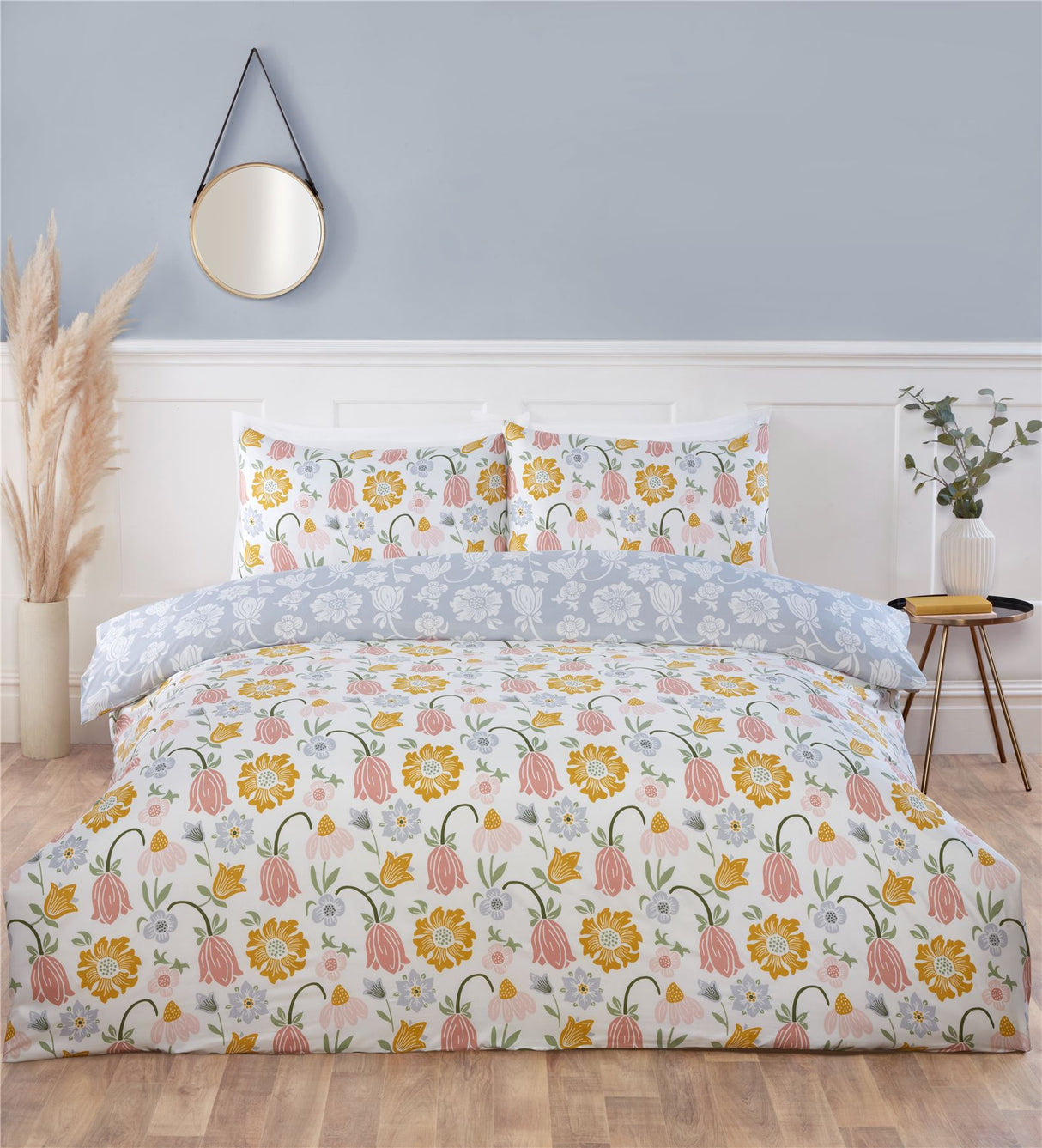 Victorian Bloom duvet set with vintage-inspired pink, yellow, and blue floral design on white background
