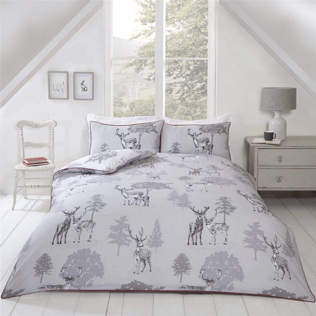 Lush woodland-inspired watercolour design on Sherwood Duvet Set with contrasting piping