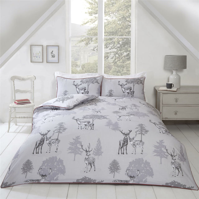 Lush woodland-inspired watercolour design on Sherwood Duvet Set with contrasting piping