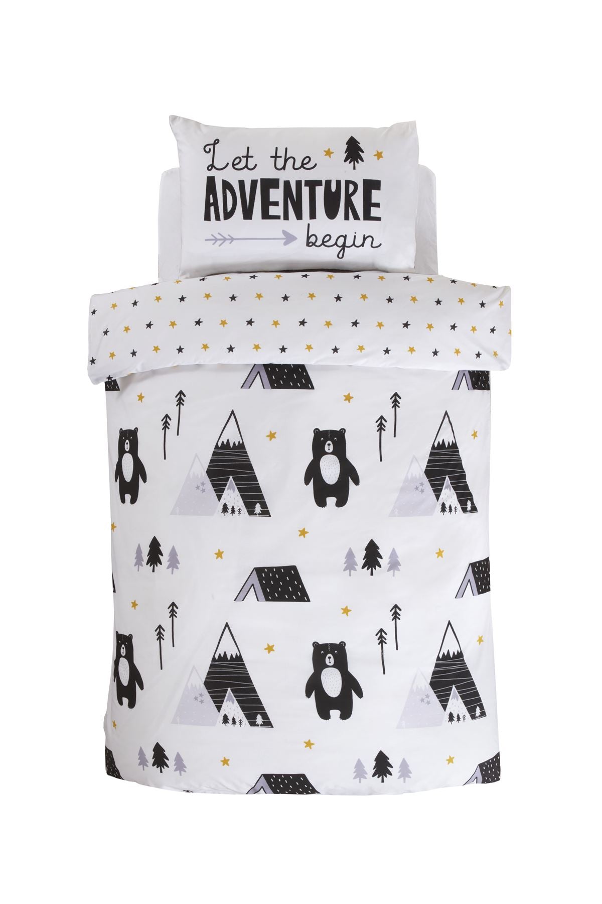 Duvet cover featuring monotone bear and forest motifs with the slogan 'Let the adventure begin' on the pillowcase, includes matching pillowcase or duvet cover