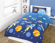 A vibrant space-themed duvet set featuring colourful rockets, planets, and stars across the fabric