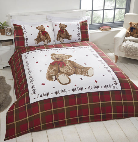 Reversible Hug Me Bear Bedding Set with teddy bear motif in the centre and check pattern around edges, includes duvet cover and pillowcases