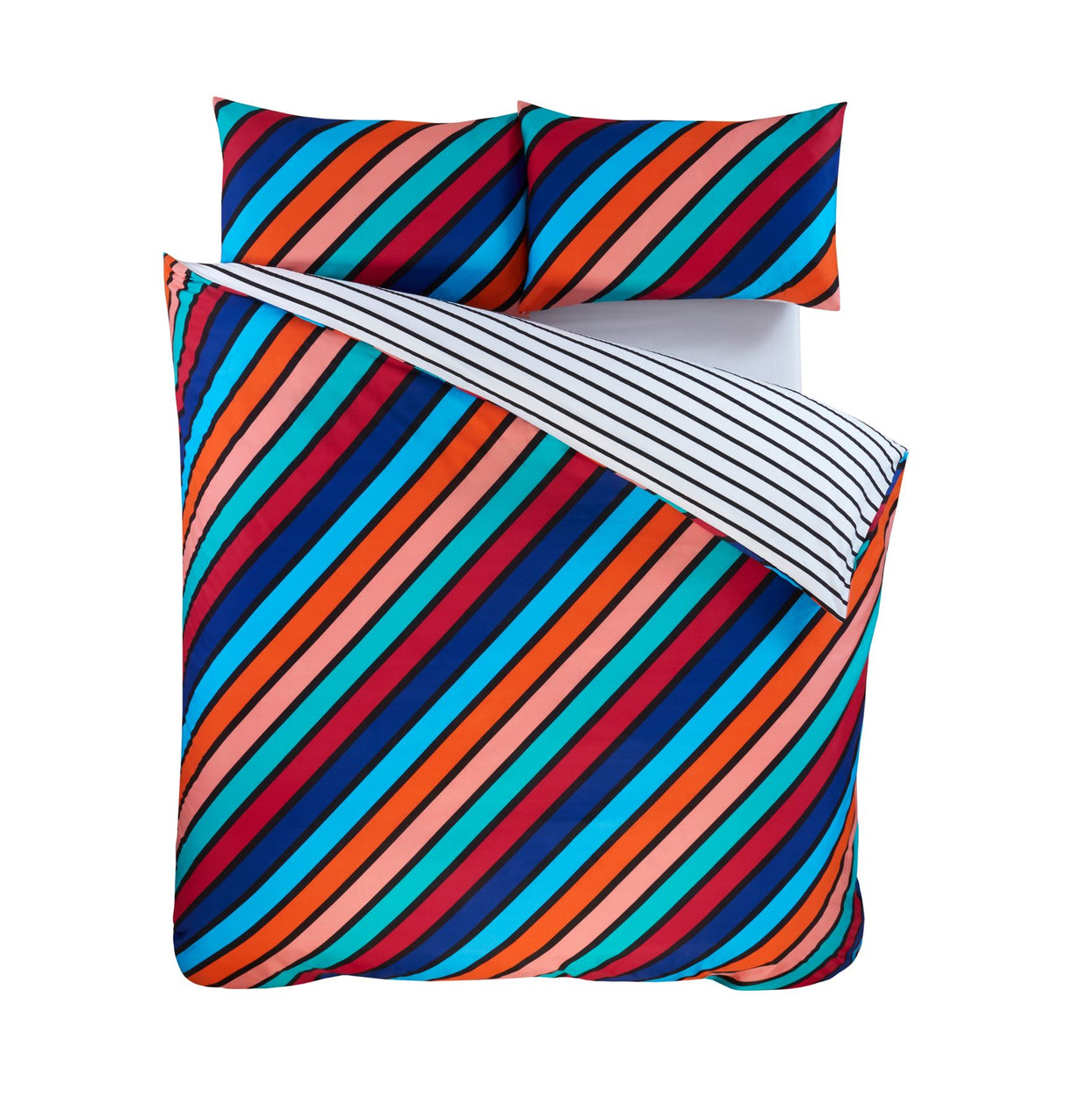 Reversible bedding set with contrasting striped patterns in warm red tones and lively colours for a vibrant look