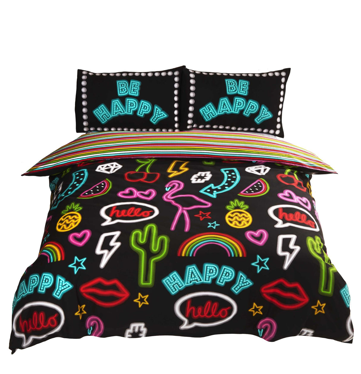 Contemporary Be Happy Duvet Set with fun neon cactus, flamingo, and pineapple prints, including matching pillowcases and fully reversible design