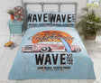 A vibrant California Duvet Set featuring a colourful surfer beach print, reversible design, and matching pillowcases for single, double, and king sizes