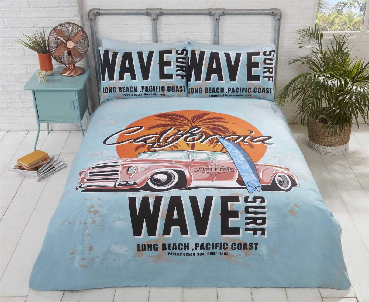 A vibrant California Duvet Set featuring a colourful surfer beach print, reversible design, and matching pillowcases for single, double, and king sizes